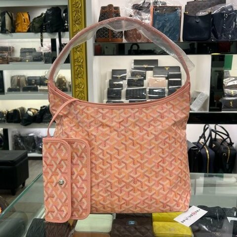 東區正精品㊣GOYARD Boheme Hobo Bag 近全新櫻花粉色印花銀釦拉鍊單把肩背包彎月包 RZ6584
