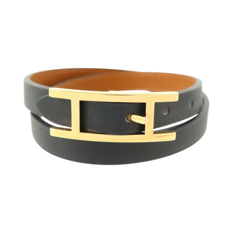 HERMES Chamonix/Tadelakt皮革Behapi Double Tour Bracelet金扣手鏈Black/Fauve
