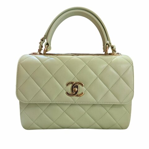 CHANEL薄荷綠淡金羊皮菱格Handle二用包