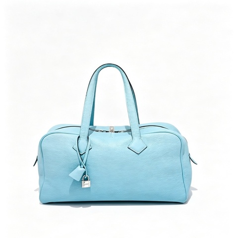 【98新】Hermes/愛馬仕 Victoria 維多利亞35 藍色手提包 牛仔藍 旅行袋/旅行包 底長35 TC皮