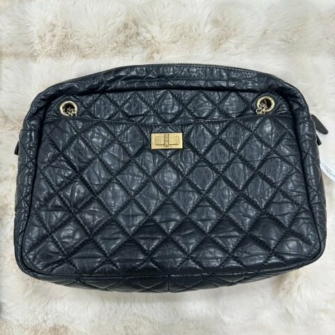 Chanel 2.55 黑金相機包金扣油蠟皮 二手裸包