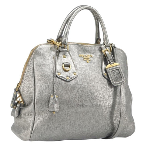 PRADA 手提包 Vittero Dino 皮革 2way 銀色/金色 Auth 197342V