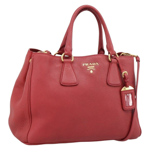 PRADA 手提包 Vittero Dino 皮革 2way 紅色金色 Auth BA15080V