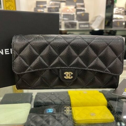 東區正精品㊣CHANEL AP0241 全新香奈兒黑色荔枝皮牛皮金扣釦式長夾 RZ6587