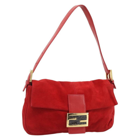 FENDI Mamma Baguette 單肩包，麂皮材質，紅色金色，正品編號 195245SM