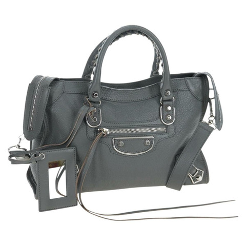 BALENCIAGA 經典金屬色 Ege City 手提包，皮革材質，兩用，灰色，貨號 432831，正品號 197181SAM