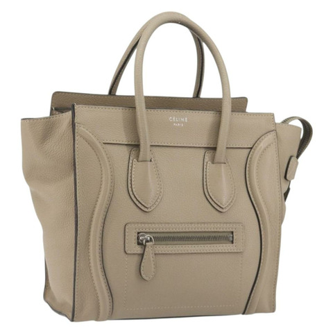 CELINE Luggage Micro Shopper 手提包，皮革，米色/銀色，正品，貨號 196658V