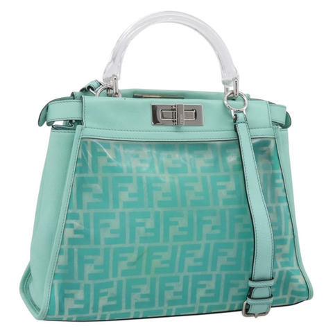FENDI Zucca帆布Peek A Boo常規款手提包，皮革材質，兩用，綠色/銀色，正品，貨號196588A