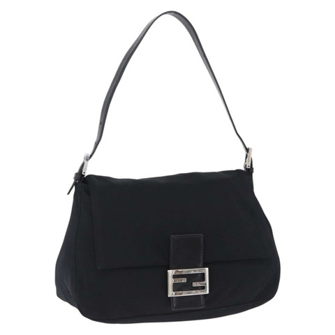 FENDI Mamma Baguette 單肩包 棉質針織 黑色 銀色 正品 yk20801V