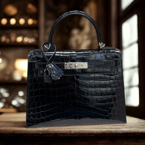 【精選天菜】HERMES 28CM KELLY 黑銀  亮面鱷 兩點鱷