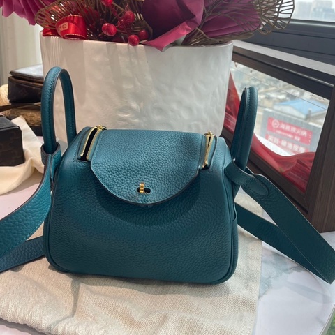 Hermes 愛馬仕mini lindy 金扣 D刻 布魯斯綠 金扣  99新