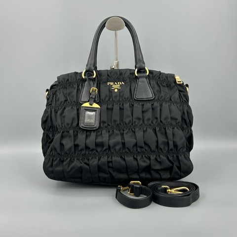 Prada 普拉達 黑金尼龍褶皺手提斜挎包 97新