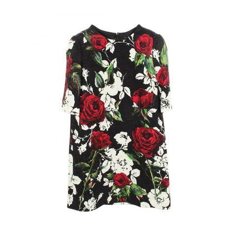 DOLCE & GABBANA 花朵圖案七分袖連身裙，棉絲黏膠混紡，黑色、紅色、多色可選，二手女裝