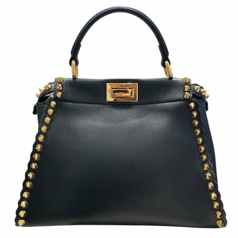 FENDI 芬迪 PEEKABOO MINI 鉚釘手拿肩背包 8BN244 皮革 黑色 金釦