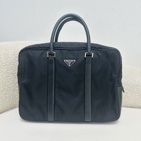 Prada 普拉達  經典降落傘尼龍布拼牛皮公文包  黑色