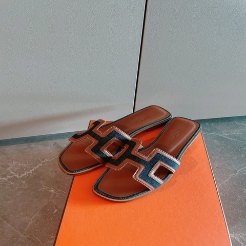 Hermes Oran 牛仔拼色拖鞋37號