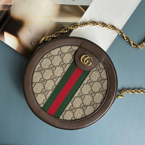 ::GUCCI:: 550618 經典Ophidia系列帆布印花綠紅綠織帶皮革飾邊圓形拉鍊斜背包 圓餅包