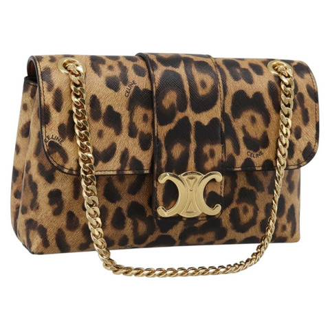 CELINE Triomphe Victoire 鏈條肩背包，棕色金色皮革，正品 yk20866SAM
