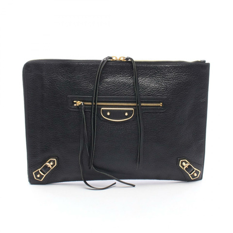 BALENCIAGA 經典金屬邊商務手拿包，黑色真皮，二手女款