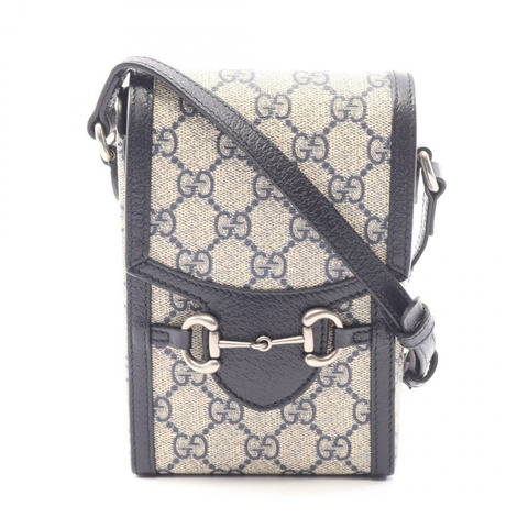 GUCCI 馬銜扣 1955 迷你肩背包 625615 PVC 塗層帆布皮革 米色 海軍藍 二手 女士