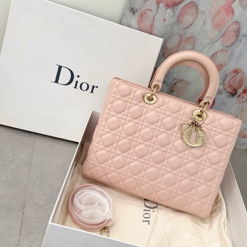 【近新閒置品】Dior 迪奧櫻花粉金扣小羊皮七格戴妃包手提包
