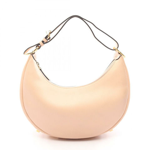 FENDI 新月形 Logo 手提包 8BR798 小牛皮 粉紅色 米色 二手 女士