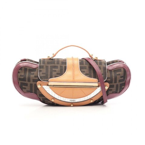 FENDI Zucca 單肩手提包 8BN133 帆布皮革 棕色 紫色 米色 二手 女士