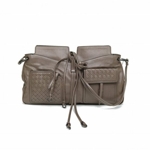 BOTTEGA VENETA 深灰色牛皮革黑扣棕色雙口袋單肩包肩背包