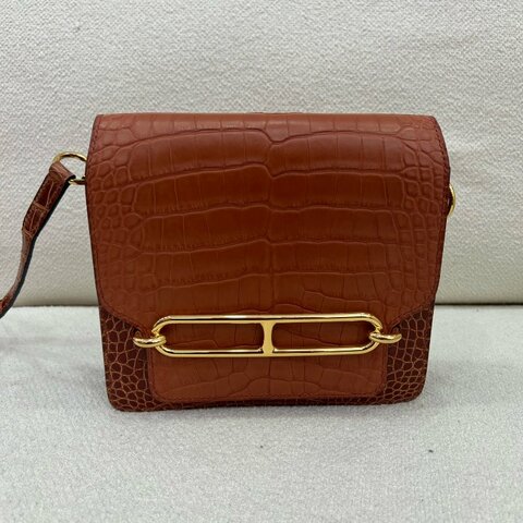 Hermès Roulis 19 豬鼻子包 金棕拼蜜糖棕 鱷魚皮 金扣