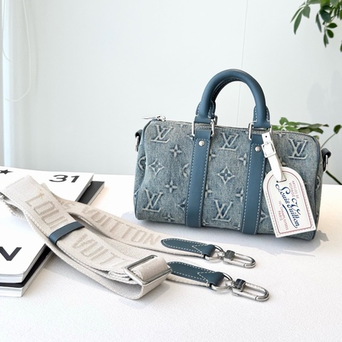 【近新閒置品】 Louis Vuitton 路易威登 LV路易威登Nautical航海膠囊系列 Keepall Bandoulière 25 水洗丹寧銀扣斜挎包