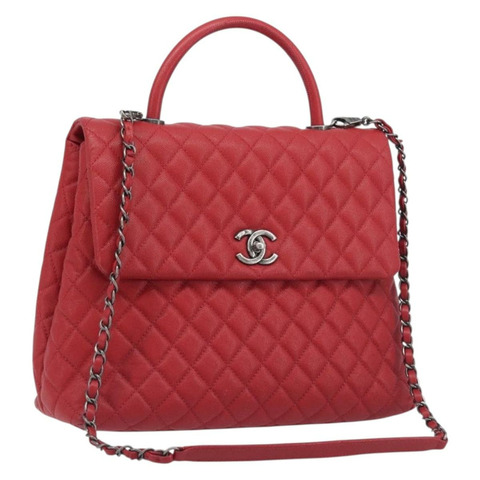 香奈兒 (CHANEL) 絎縫 Coco 手柄鏈條包 魚子醬皮 2way 紅色 CC 正品 195900V