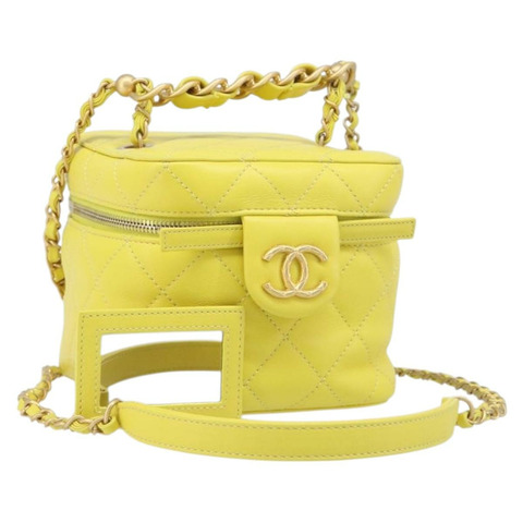 香奈兒 (CHANEL) Matelasse Chain Vanity Bag Lamb Skint Bag 2way Yellow Gold CC Auth 196667M