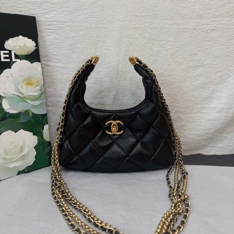 CHANEL/香奈兒 黑金羊皮 流蘇鏈條Hobo單肩包斜挎包
