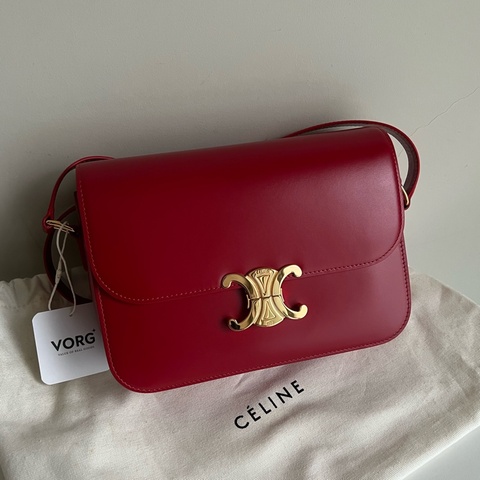 CELINE TRIOMPHE凱旋門小牛皮飾邊釦式肩背包紅色