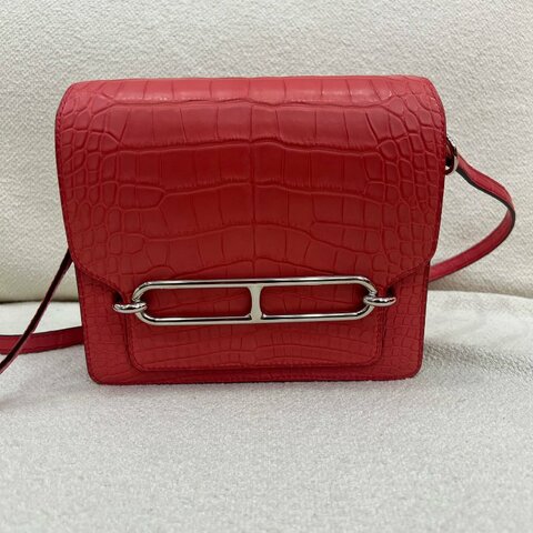 Hermès Roulis 19 豬鼻子包 I6極致粉 方塊霧面鱷魚 銀扣