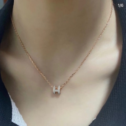 999新 Hermes 愛馬仕 mini pop H 奶茶色琺瑯項鍊 玫瑰金色 配件：盒子 塵袋 鏈長約39cm