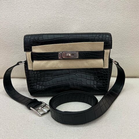 Hermès Kelly Messenger PM 黑色 方口鱷魚 銀扣