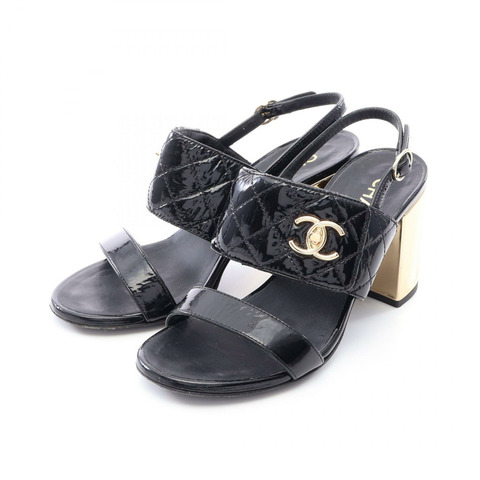 香奈兒 (CHANEL) Matelasse Turnlock 涼鞋高跟鞋 #36 漆皮黑二手 CC