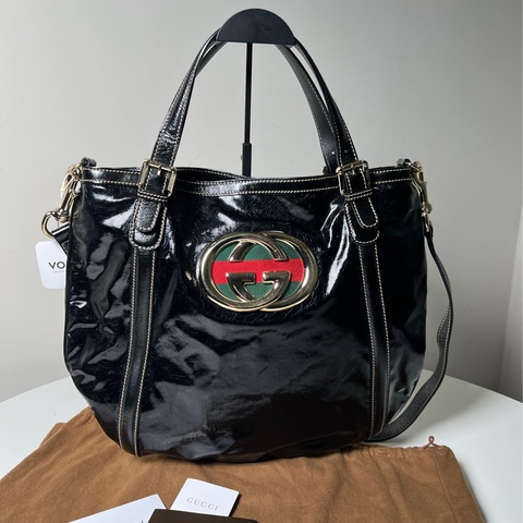 Gucci Britt Dialux 黑色漆皮雙G大Logo肩背包