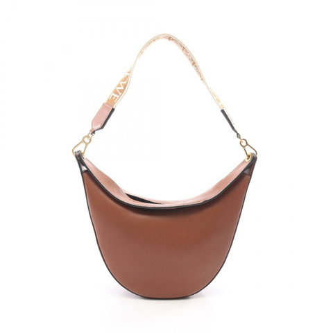 LOEWE Luna 棕色皮革單肩手提包，金色五金，二手女款