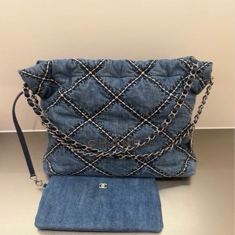 chanel 22bag單寧牛仔小號銀鍊晶片款 配件子袋