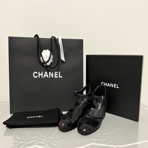 CHANEL 香奈兒 25C 黑色亮片雙C楔型厚底鞋