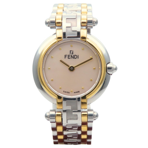 Fendi Orologi 760L 精鋼腕錶，銀色和金色錶盤，白色珍珠貝母錶鏡，Zucca 圖案，女士腕錶