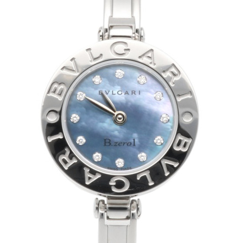 寶格麗 B-zero1 女士腕錶，不鏽鋼 BZ22S 石英錶，鑲嵌 12 顆鑽石，藍色錶殼