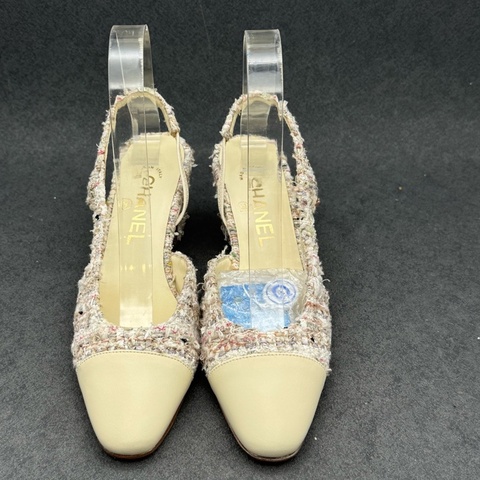 Chanel香奈兒 編織粗花呢杏色slingback 高跟鞋36.5碼