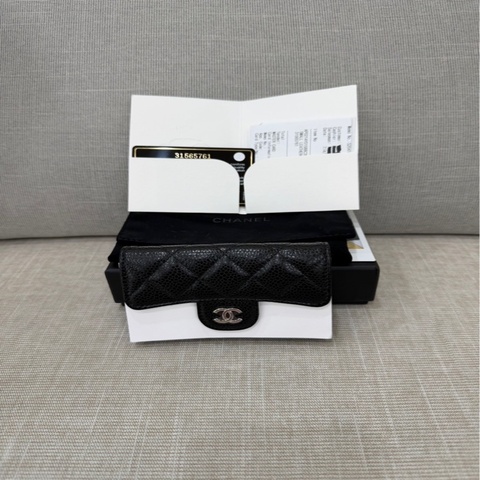 Chanel 香奈兒荔枝牛皮CF黑銀卡包零錢包