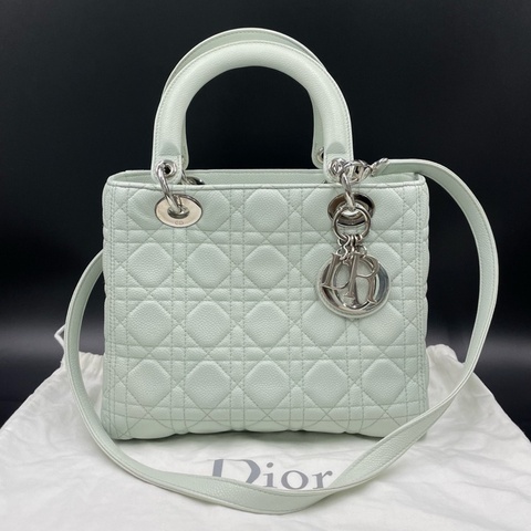 迪奧/Dior Lady Dior淺藍色荔枝紋牛皮五格戴妃 24*20 15年
