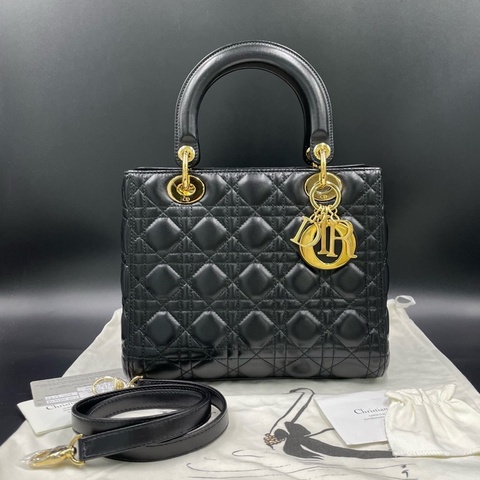 迪奧/Dior Lady Dior黑金羊皮五格戴妃 原始 24*20 14年