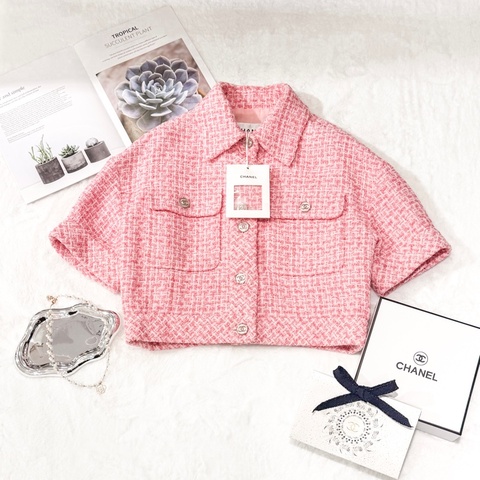 Chanel Tweed Jacket 粉白混紡短款短袖外套