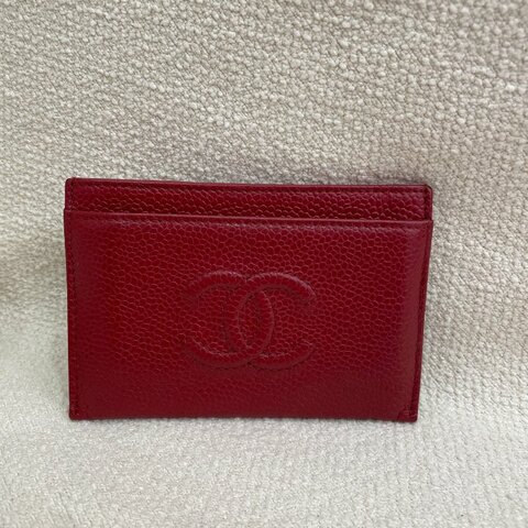 Chanel 大Logo 紅色 魚子醬牛皮 卡包